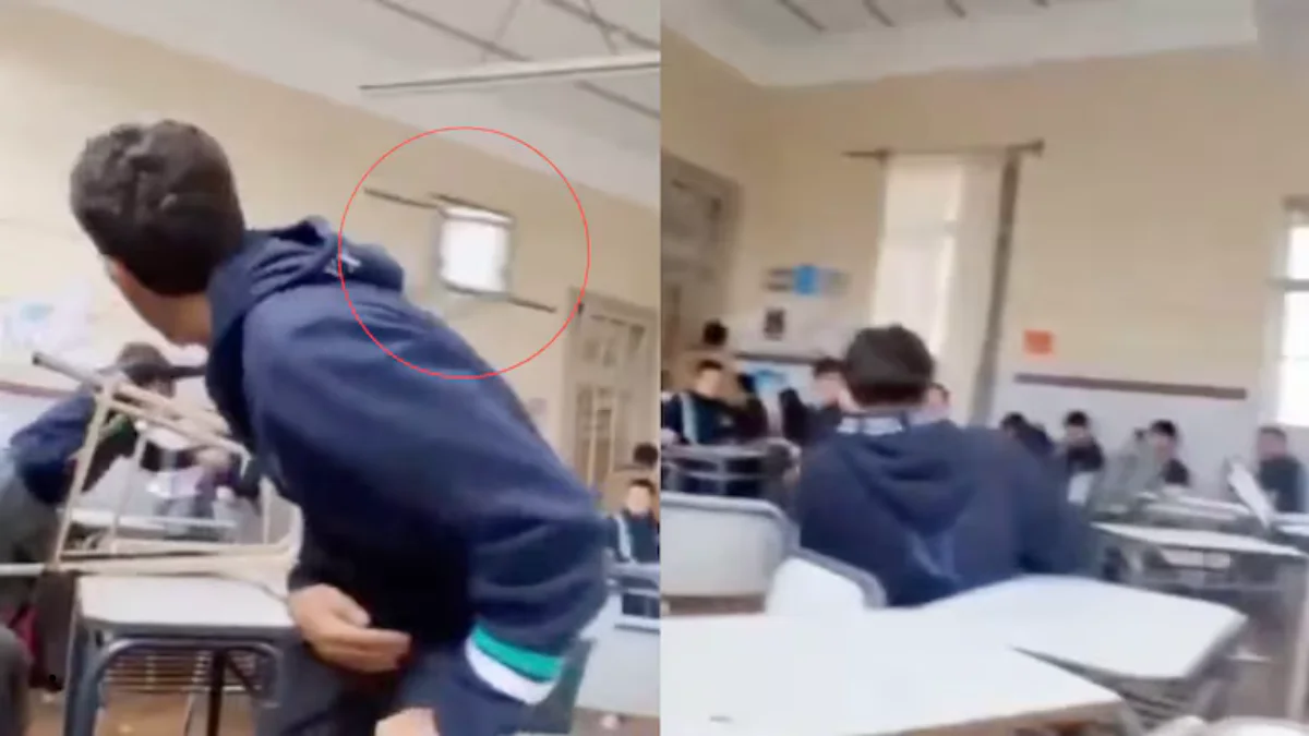 Alumnos lanzando una silla