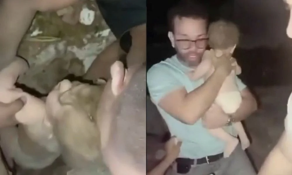 Bebé rescatado entre los escombros en Venezuela. Foto captura de pantalla  @emergencias_ec/Clarín