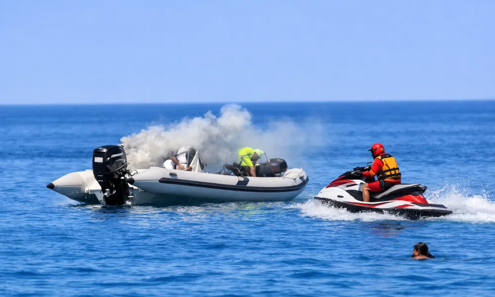 Lancha con fuego en el motor