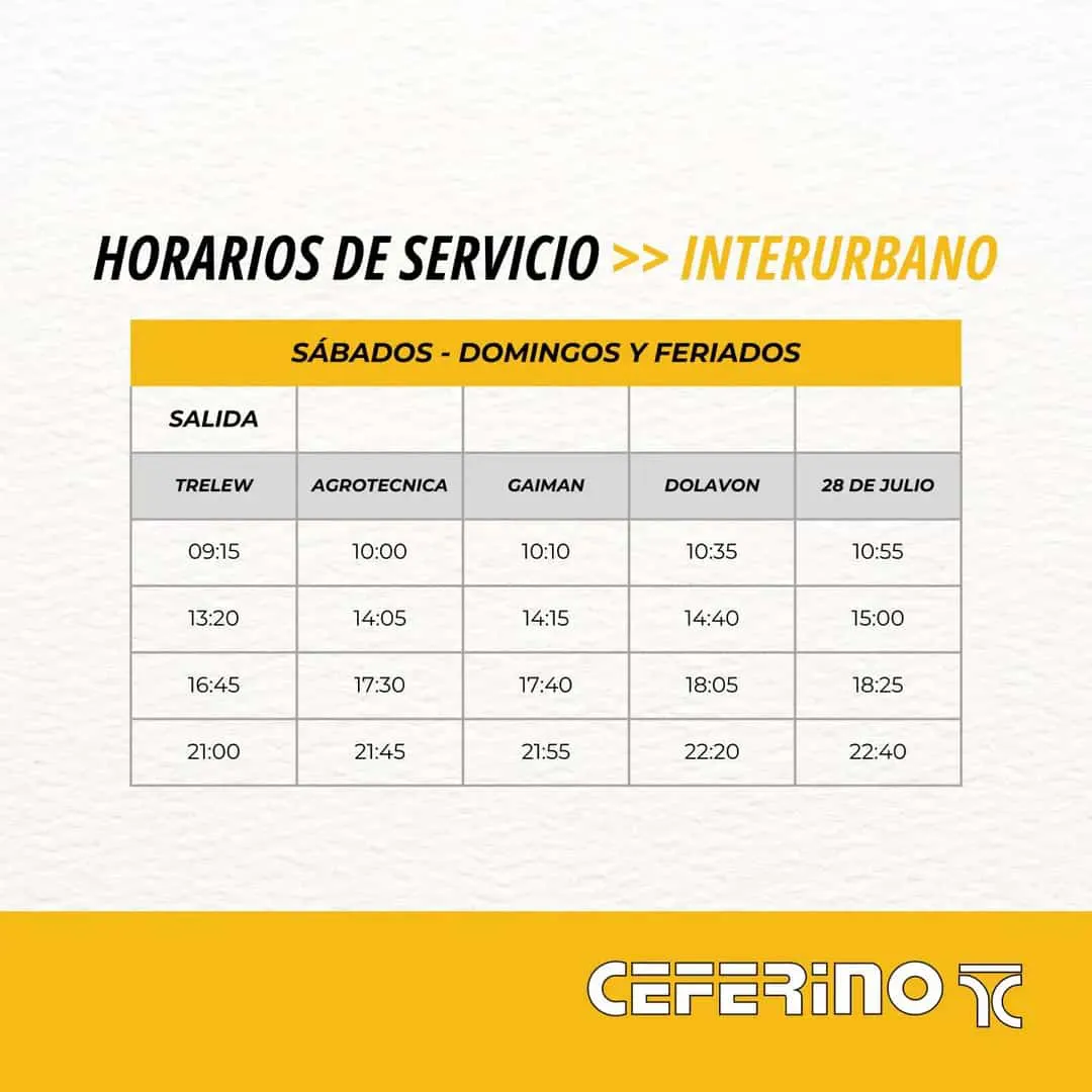 Horarios Interurbano sabados domingos y feriados