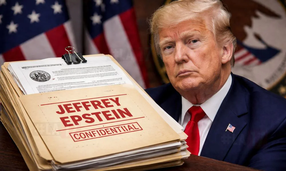 Los archivos del caso Epstein y Doland Trump. Imagen creada con IA generativa por #LA17