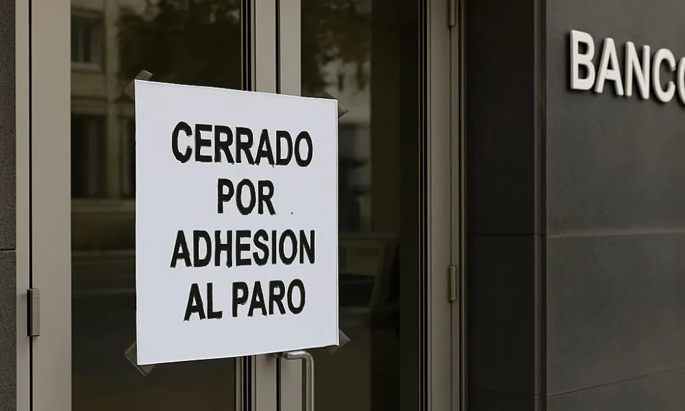 Puerta de banco cerrada por adhesión al paro Imágen generada por AI