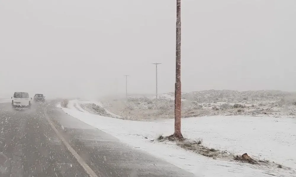 Nieve en el ingreso norte a Trelew