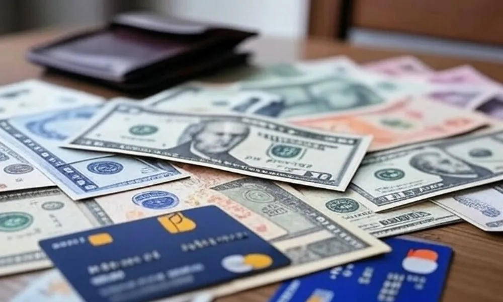 Foto ilustrativa de dólares pesos y tarjetas de crédito generada por LA17