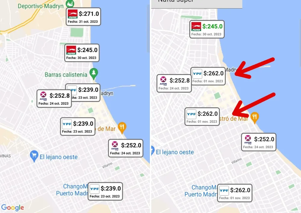 Precios en Madryn al 1 de noviembre en YPF