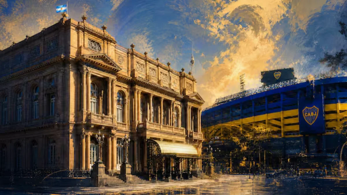 El Teatro Colón y La Bombonera fueron inaugurados un 25 de Mayo. (Foto generada con IA)