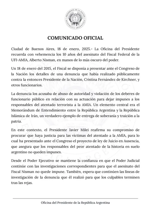 comunicado Gobierno Argenino