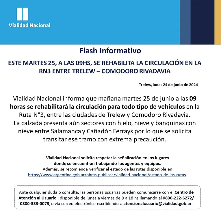 Comunicado de Vialidad Nacional 25/6/24
