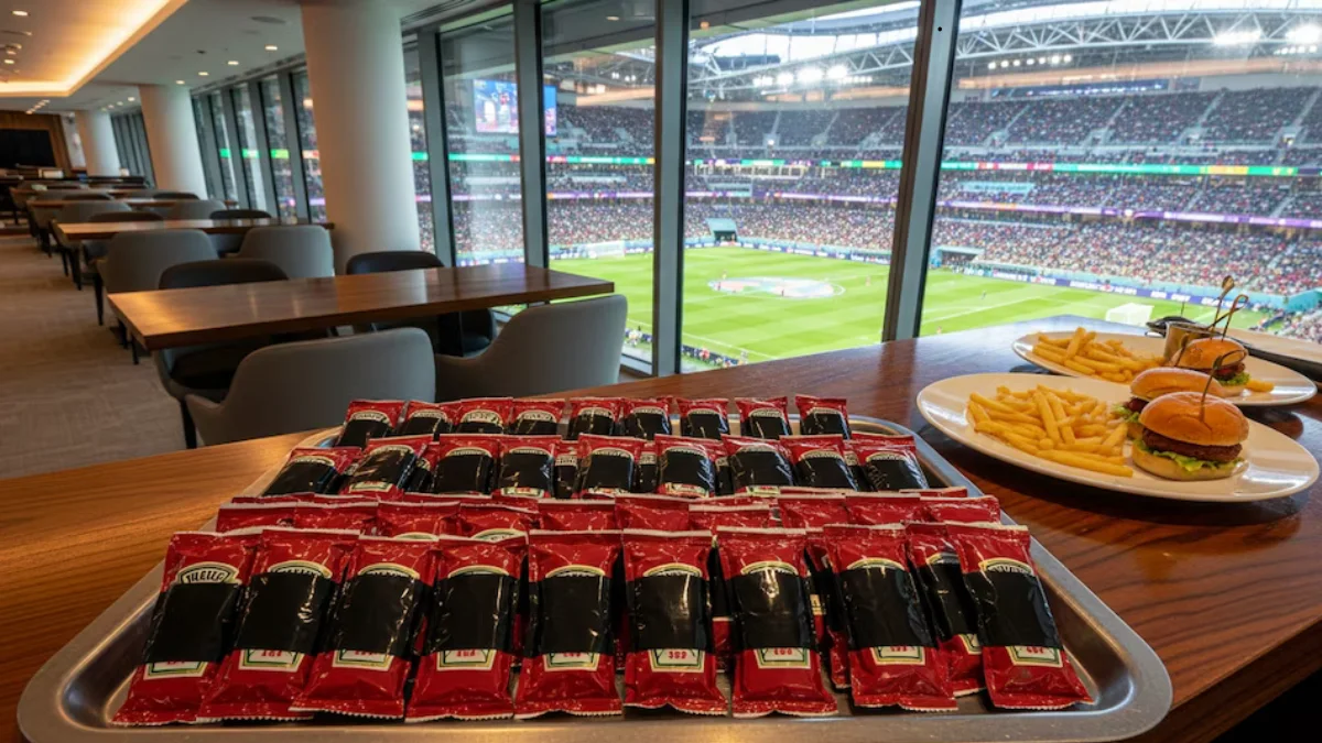 En un palco VIP de un estadio del Mundial 2026 en Estados Unidos, la FIFA ocultó las marcas de los envases individuales de kétchup. Foto Infobae