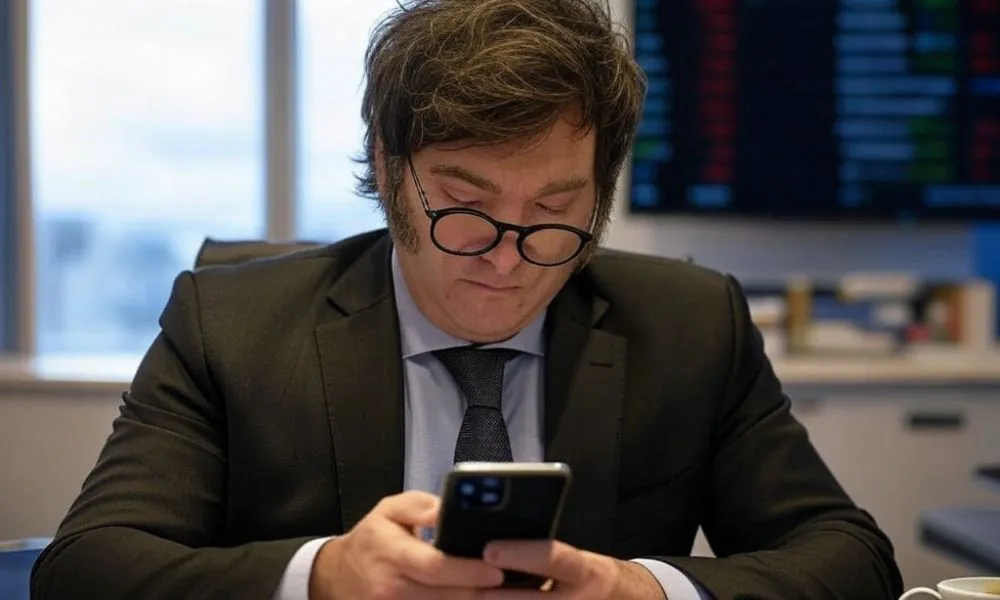 Javier Milei mirando el celular.  Imagen ilustrativa generada por AI Grok
