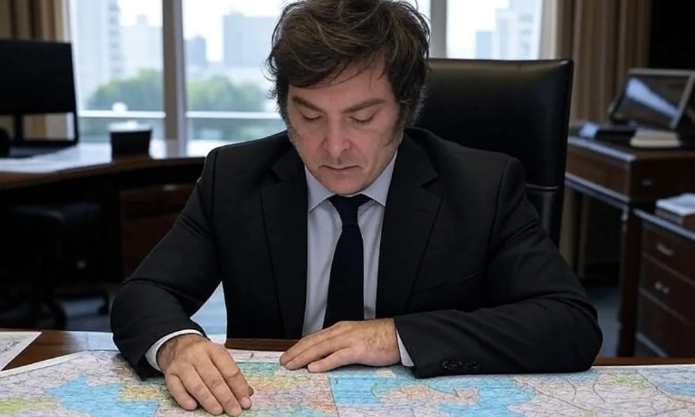 Javier Milei mirando mapas