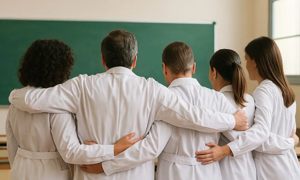 Maestros abrazados imagen ilustrativa generada digitalmente por LA17