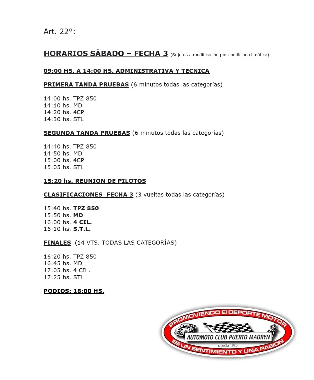 Safari Pista Zonal sabado.