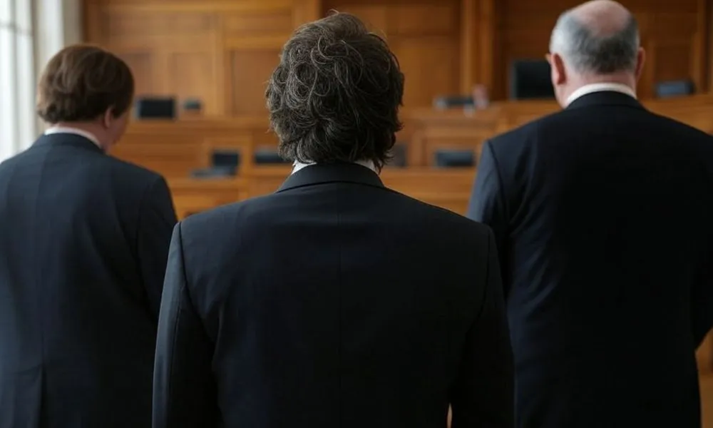 Milei de espaldas ante un tribunal vacío
