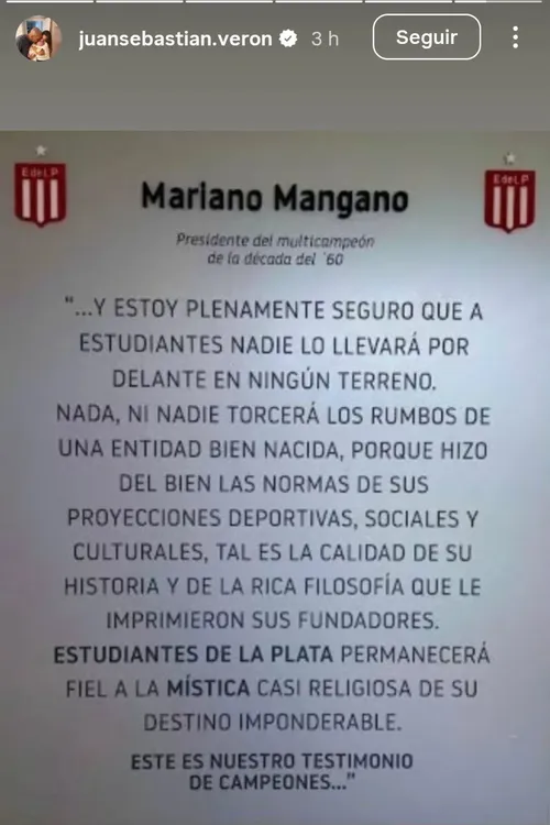 Juan Sebastián Verón sorprendió con un posteo tras el gesto de Estudiantes. 2