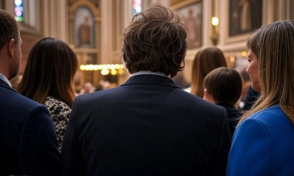 Javier Milei en una iglesia imagen ilustrativa generada por LA17
