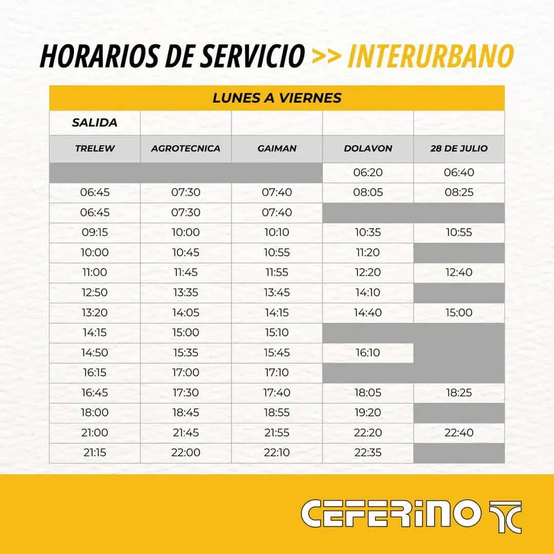 Horarios de servicio Interurbano