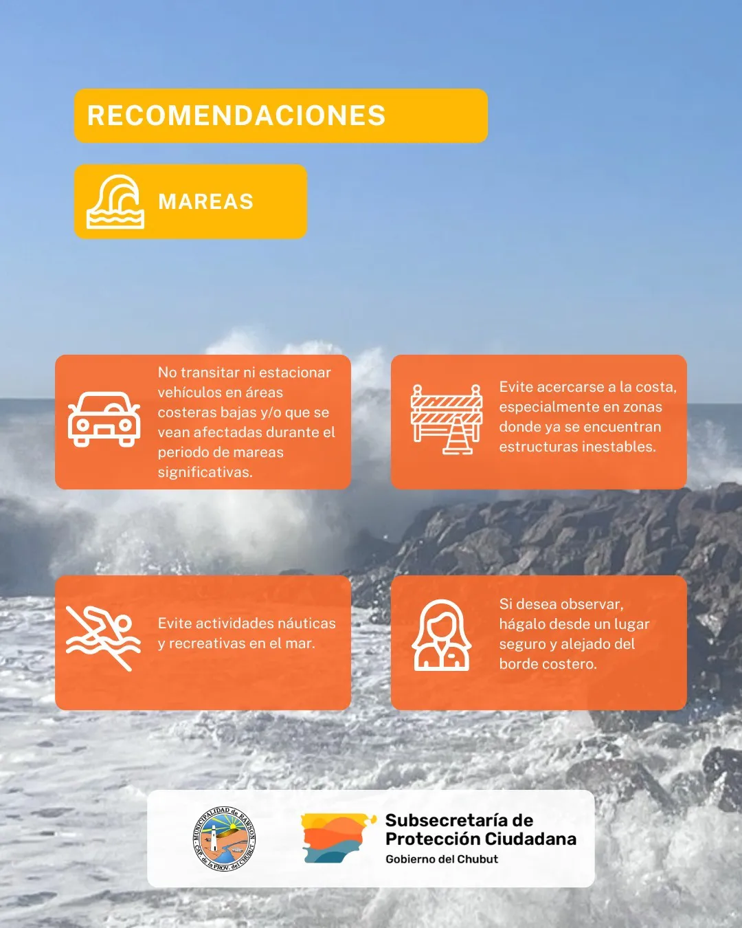 El Gobierno del Chubut advierte sobre mareas extraordinarias en Playa Unión para los próximos días