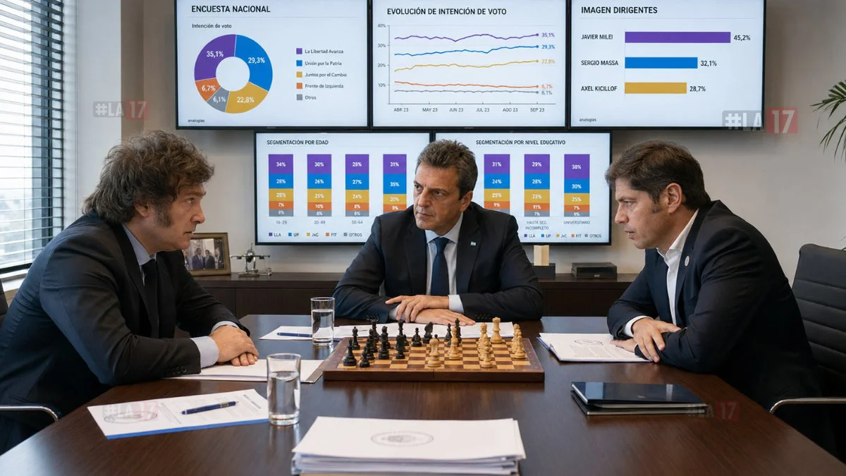Javier Milei, Sergio Massa y Axel Kicillof foto creada por LA17