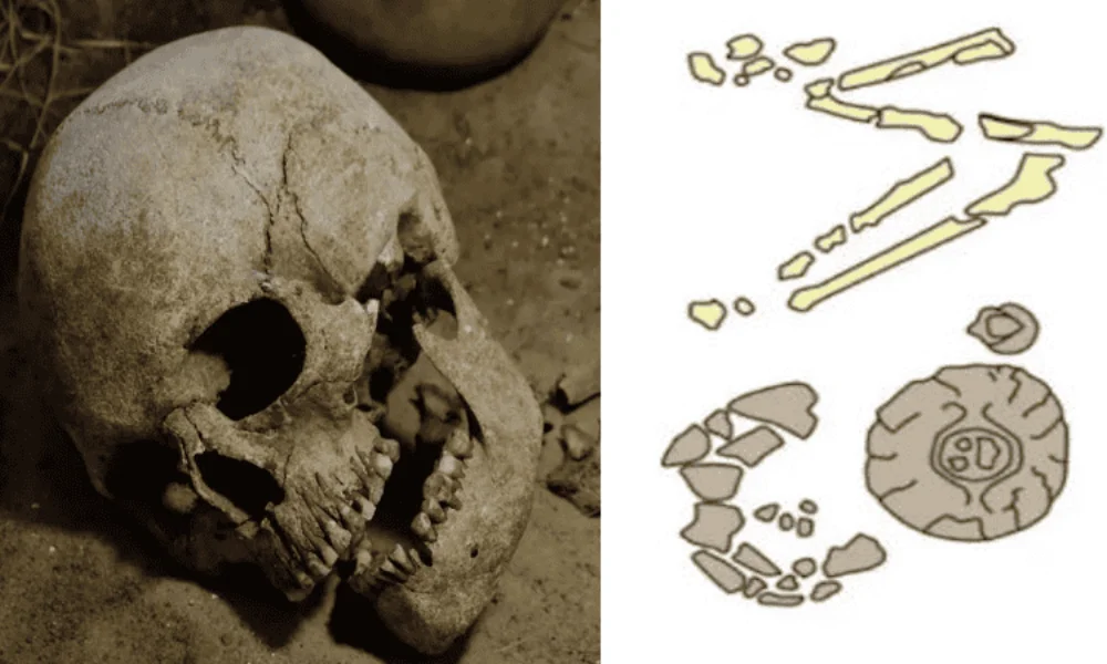 Un cuerpo en posición fetal, objetos funerarios y señales típicas de las comunidades de la Edad del Bronce.
