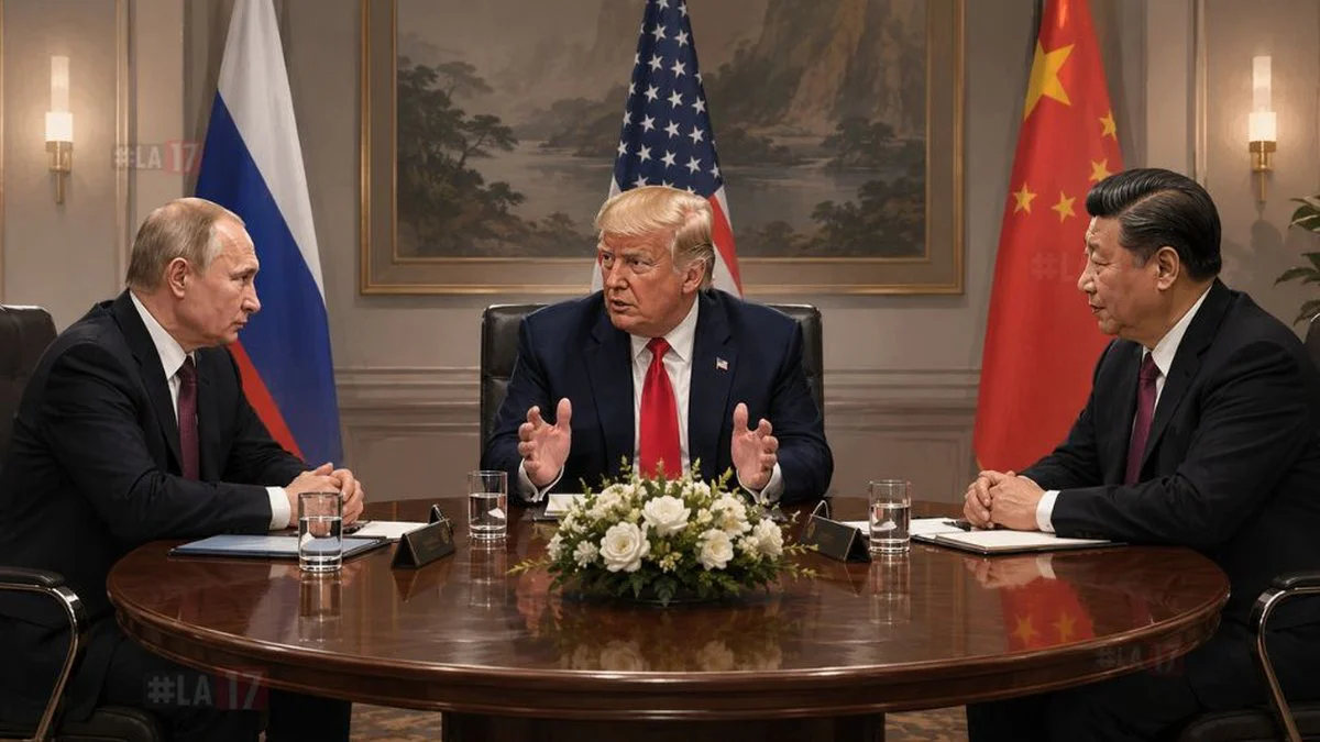Vladimir Putin, Donald Trump y Xi Jinping reunidos. Imagen ilustrativa creada con IA