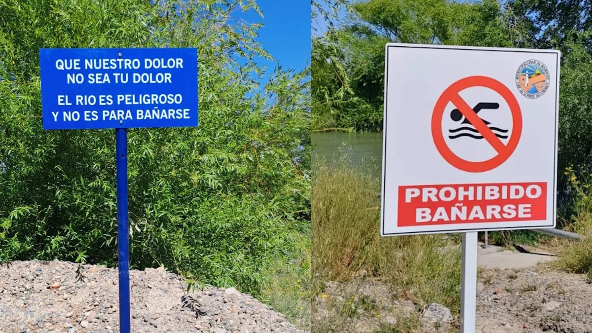 Cartelería ubicada en la costa del Río Chubut