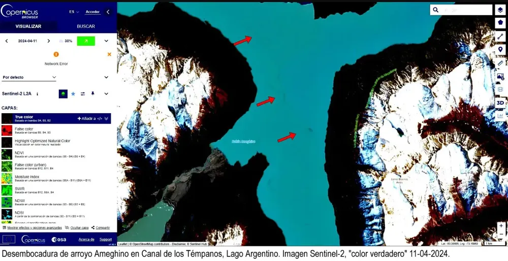 Imagen satelital de las manchas frente al Glaciar Perito Moreno