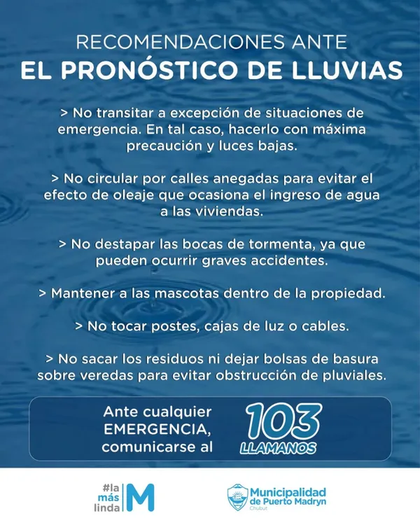 Recomendaciones Puerto Madryn ante alerta por lluvias