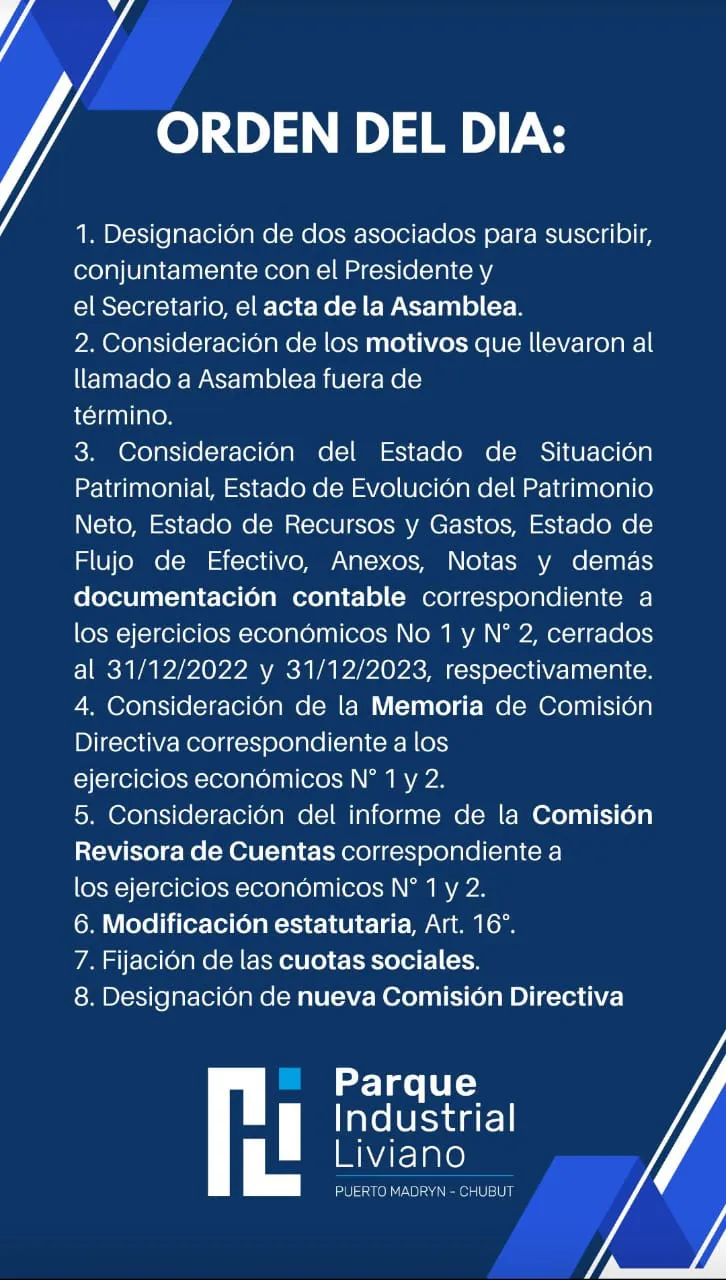 Asamblea en el Parque Industrial Liviano Orden del día
