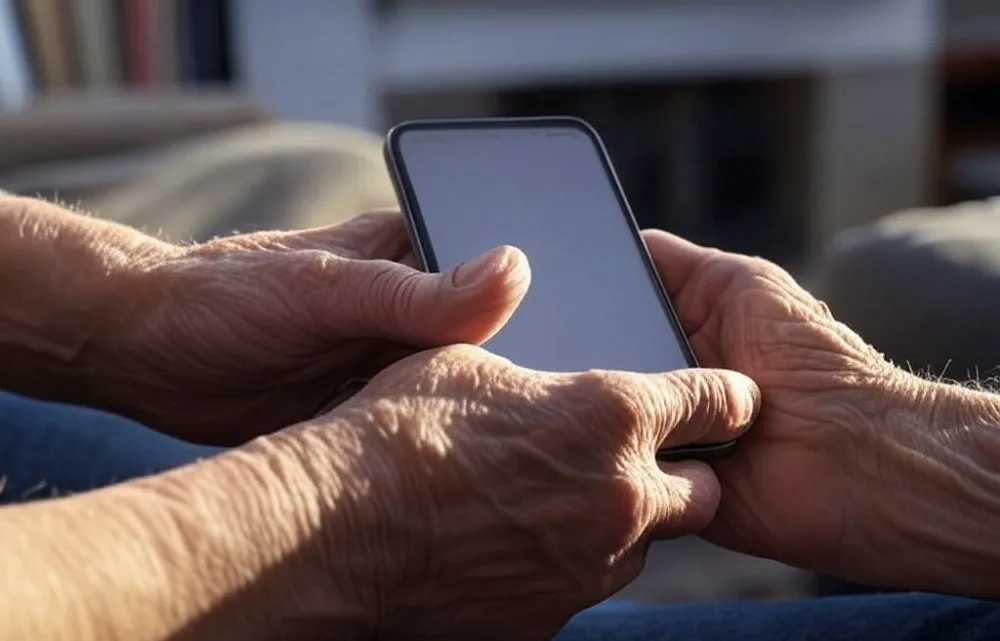 manos de adulto mayor sosteniendo un smartphone generada por AI Grok