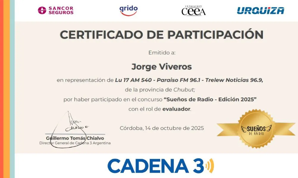 Certificado Cadena 3 a Jorge Viveros