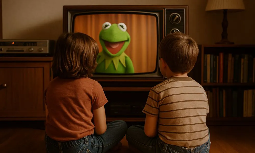 Niños mirando televisión infantil en los 80 AI