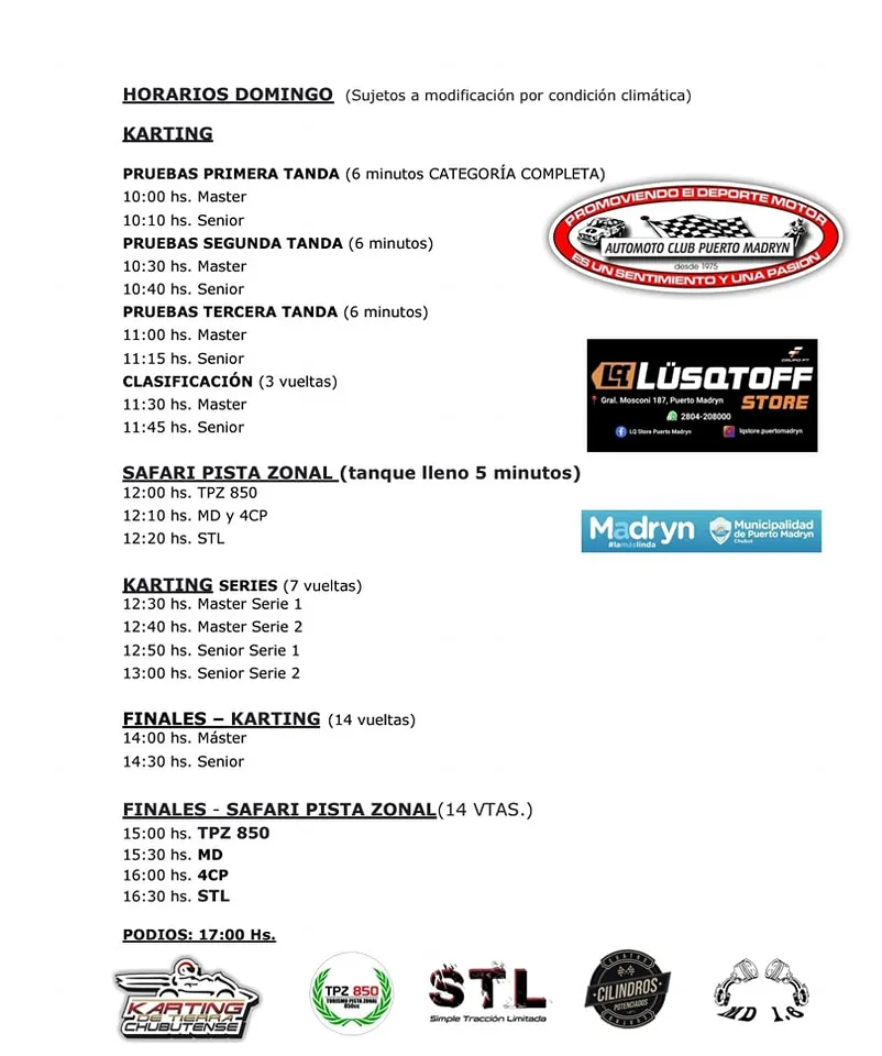Safari Pista horarios del domingo 15 de Junio.